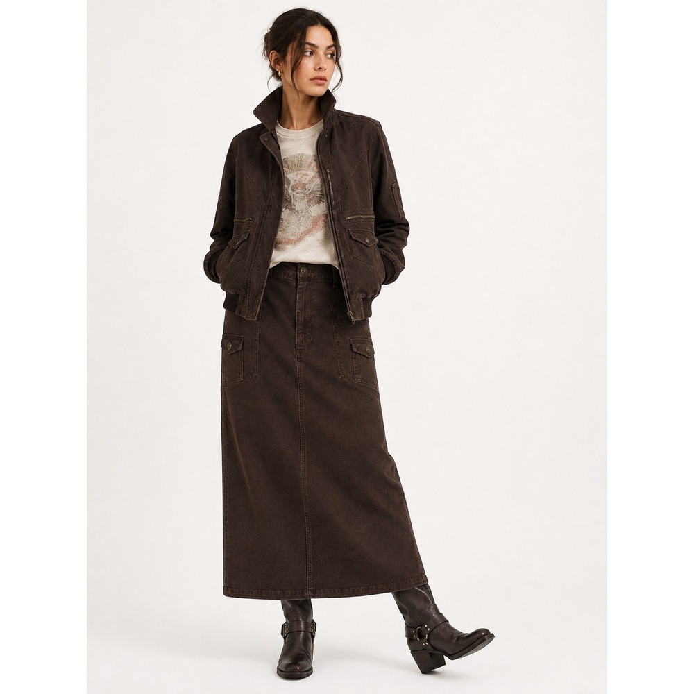 Denim 24/7 Brown Denim Maxi Skirt Size 12W Y2K Utility Cargo Gorpcore